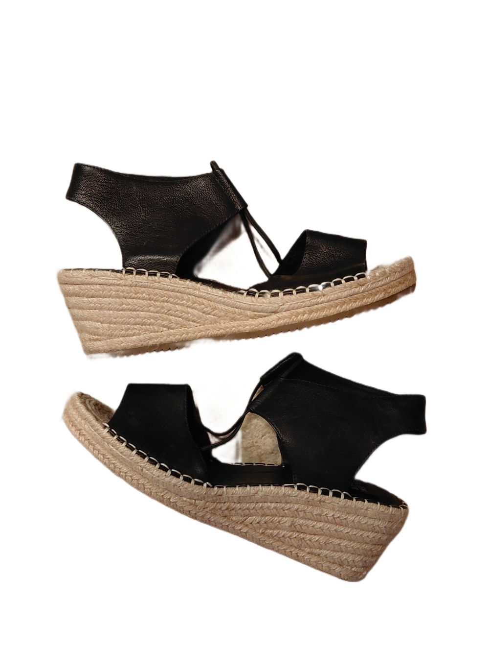 Eileen Fisher Black Leather Espadrille Wedge Sandals Size 10